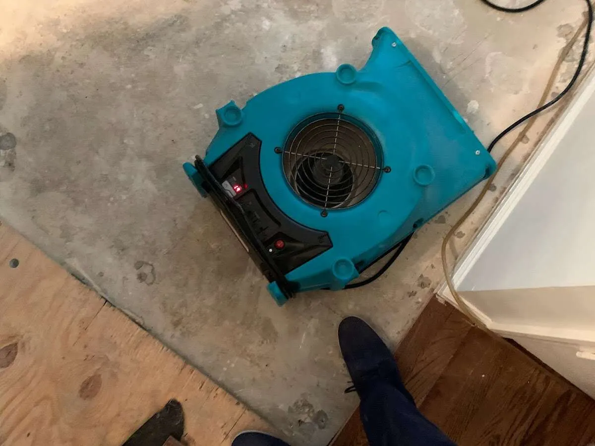 Air mover drying subfloor during Commercial Water Damage Restoration in Plantation